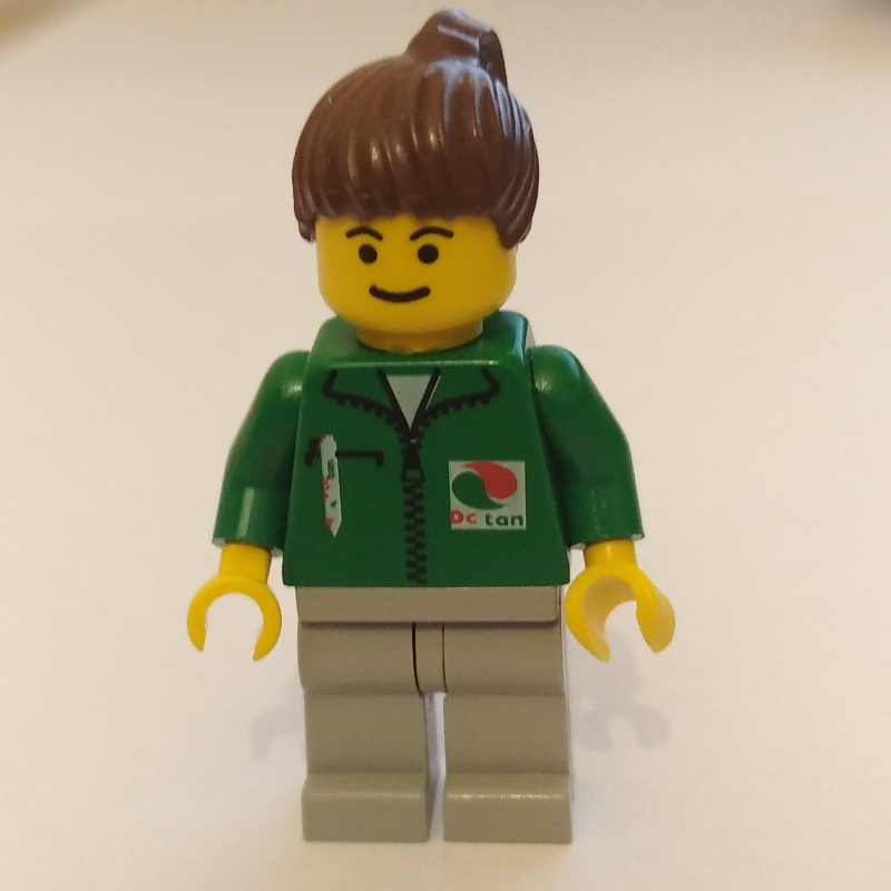 LEGO Green Torso, Light Grey Legs, Brown Ponytail Hair (fig-011042)