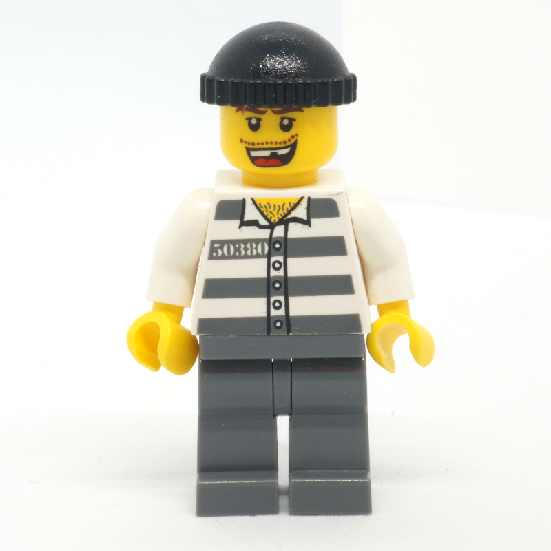 LEGO Criminal, Prison Shirt with #50380, Dark Bluish Gray Legs, Black Hat, Missing Tooth (fig-011208)