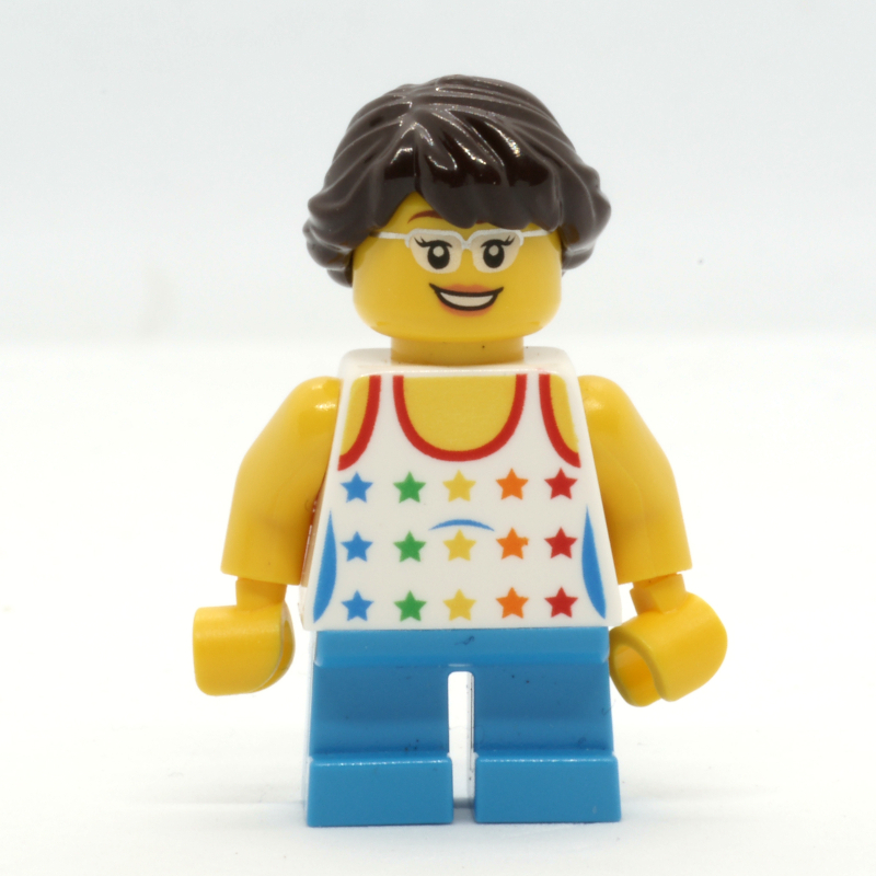LEGO Kid - White Torso, Dark Azure Legs, Dark Brown Hair, High Eyebrows (fig-011219)