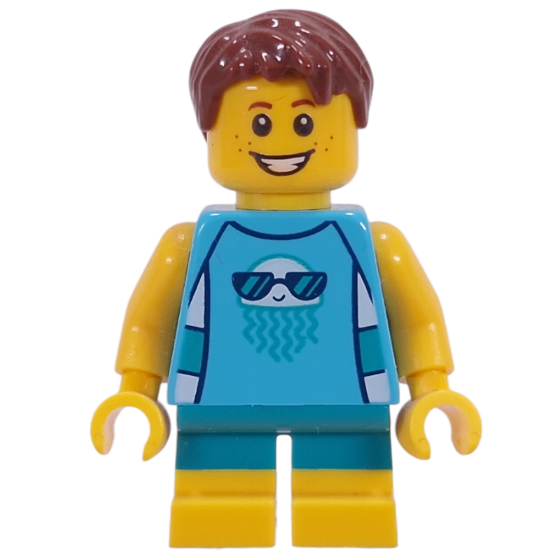 LEGO Kid - Medium Azure Torso, Dark Turquoise/Yellow Legs, Reddish Brown Hair (fig-011227)