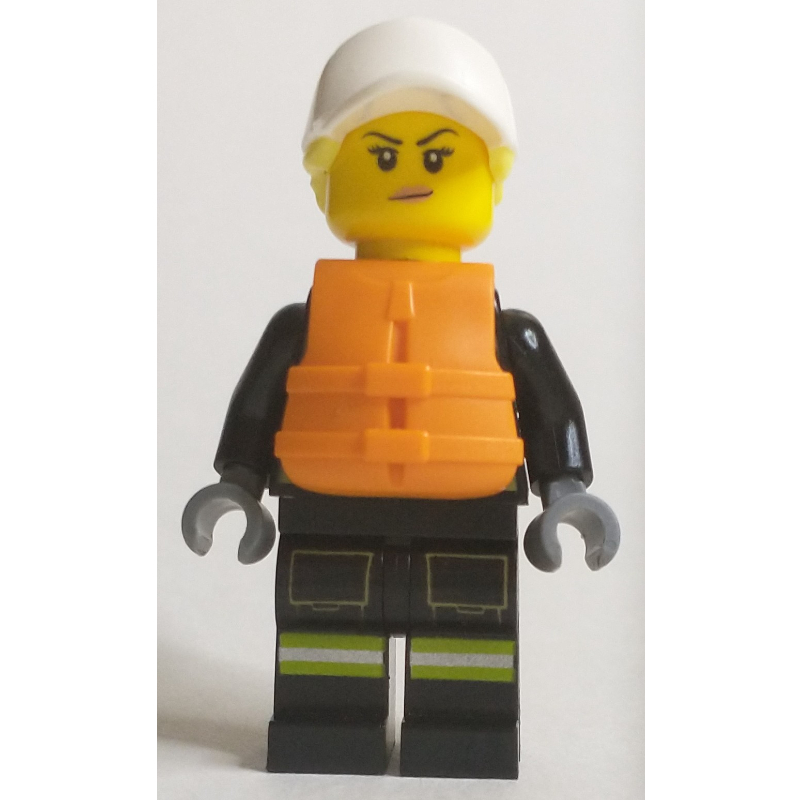 LEGO Firewoman, Black Fire Suit, Orange Lifevest, White Cap (fig-011413)