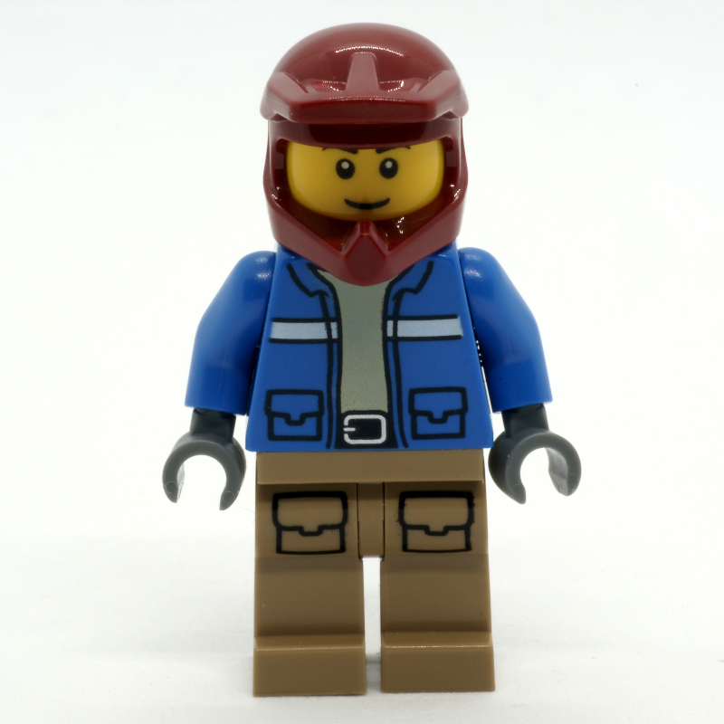 LEGO Man, Blue Jacket, Dark Red Dirt Bike Helmet, Smile (fig-011417)