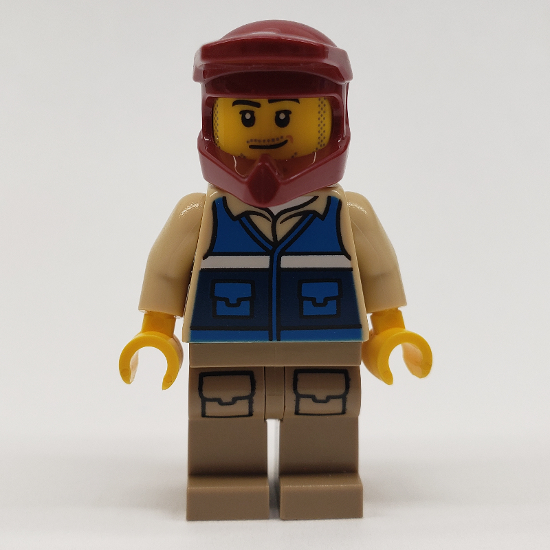 LEGO Man, Blue Vest, Dark Red Dirt Bike Helmet, Stubble Beard (fig-011422)