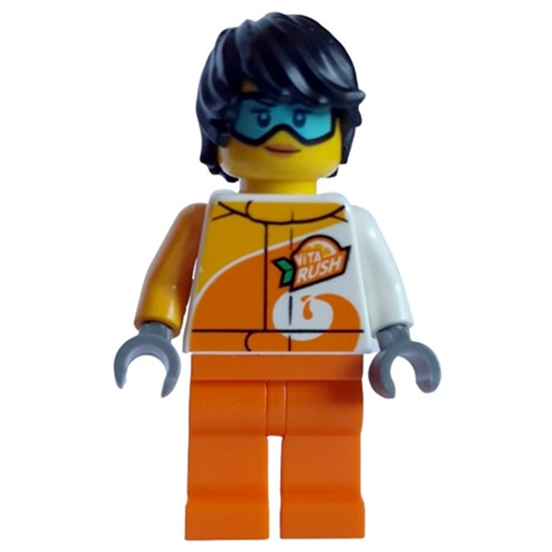 LEGO White/Orange Torso, Orange Legs, Black Hair, Goggles (fig-011553)