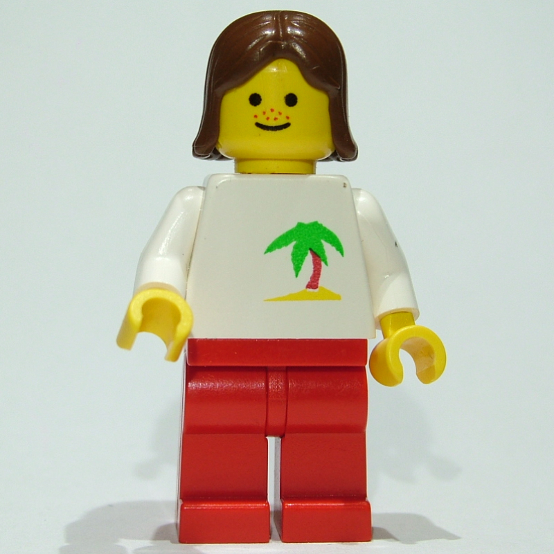 LEGO Woman, White Torso with Palm Tree, Red Legs, Brown Hair (fig-011557)