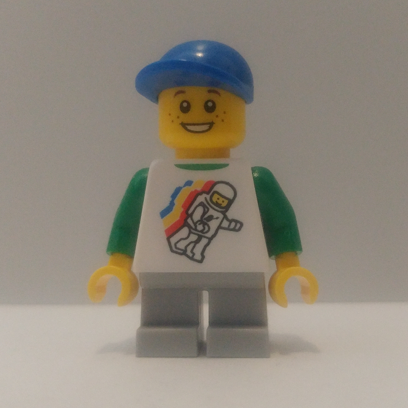 LEGO Kid, White Torso, Light Bluish Grey Legs, Blue Cap (41879a Legs) (fig-011561)