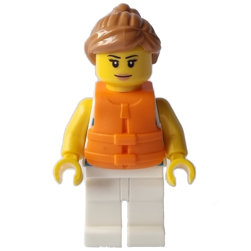 LEGO Woman, Blue Striped Shirt, White Legs, Orange Life Vest (fig-011627)