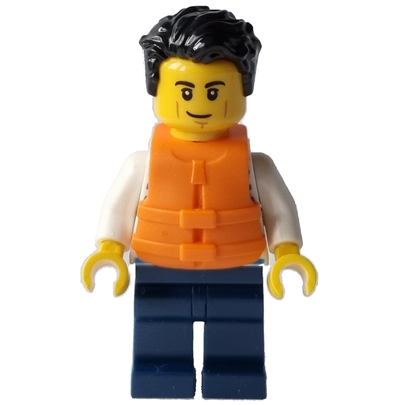 LEGO Man, Sailor, Dark Blue Striped Shirt, Dark Blue Legs, Orange Life Vest (fig-011628)