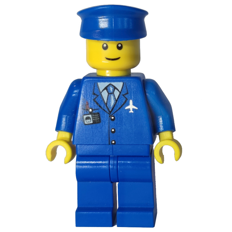 LEGO Pilot, Blue Jacket with Plane Logo and Blue Tie, Blue Legs, Blue Hat, Smile, Black Eyebrows (fig-011655)
