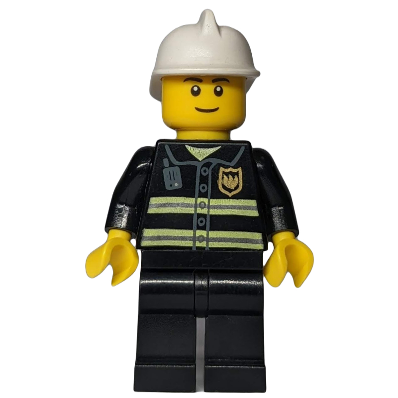 LEGO Fireman, Black Fire Jacket with Radio and Badge, White Helmet, Black Eyebrows (fig-011660)