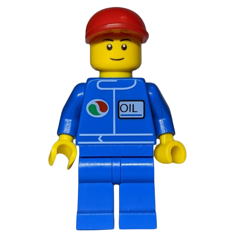 LEGO Mechanic, Blue Jumpsuit with Octan Logo, Red Cap, Smile, Black Eyebrows (fig-011661)