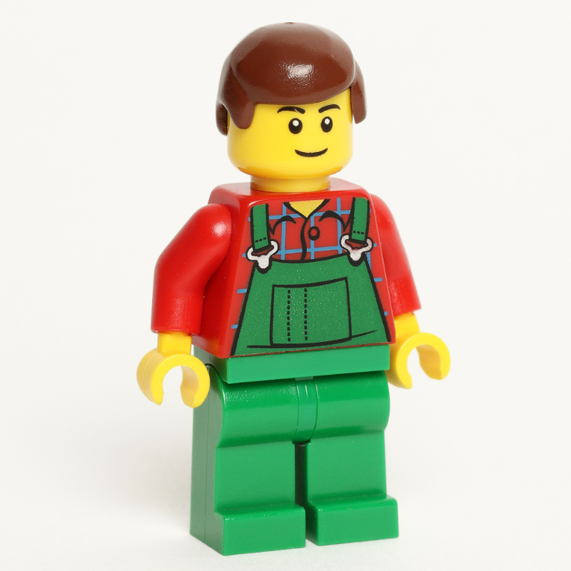 LEGO Man, Green Overalls over Red Shirt, Reddish Brown Hair, Black Eyebrows (fig-011662)