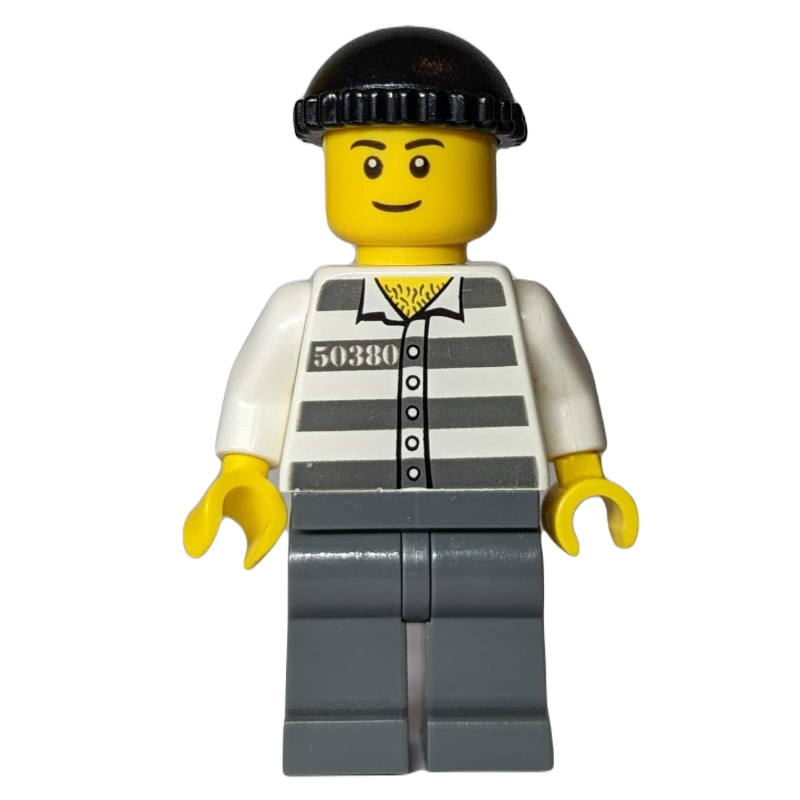 LEGO Criminal, Prison Shirt with #50380, Dark Bluish Gray Legs, Black Hat (3626bpr0891 Head) (fig-011664)