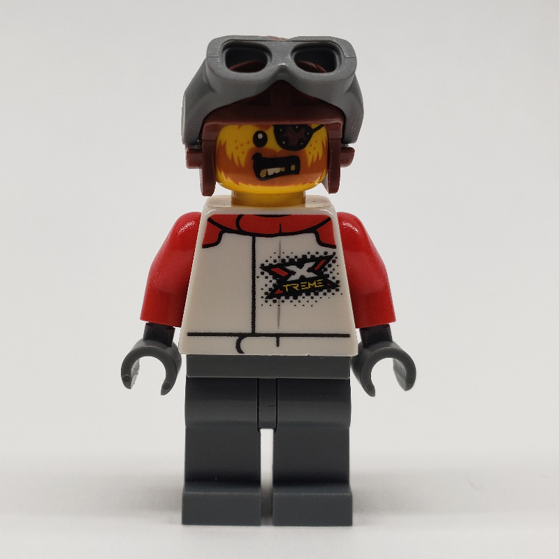 LEGO Stunt Rider, White Race Jacket, Dark Bluish Gray Legs, Reddish Brown Helmet (fig-011827)