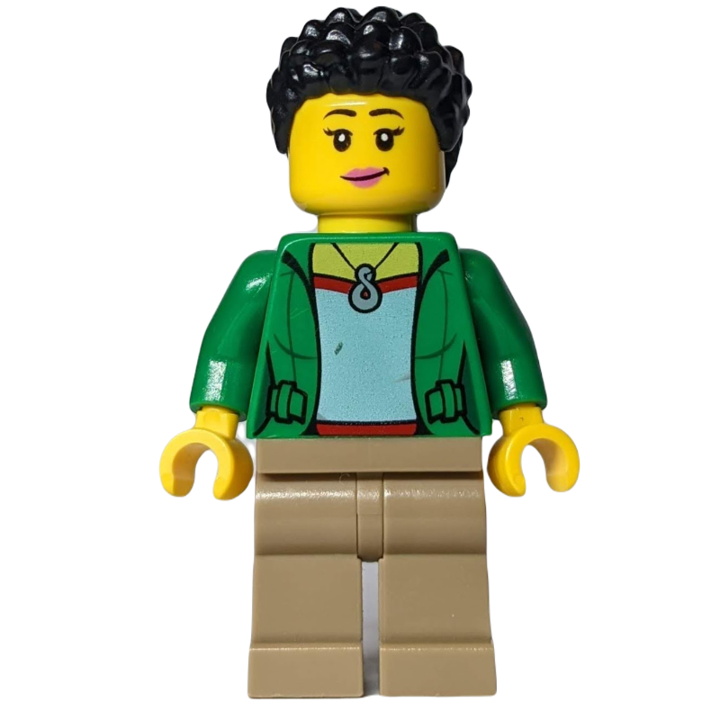 LEGO Woman, Open Green Jacket, Dark Tan Legs, Black Hair (fig-011829)