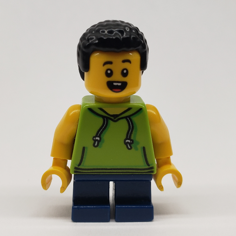 LEGO Boy, Lime Hoodie, Short Dark Blue Legs (fig-011830)