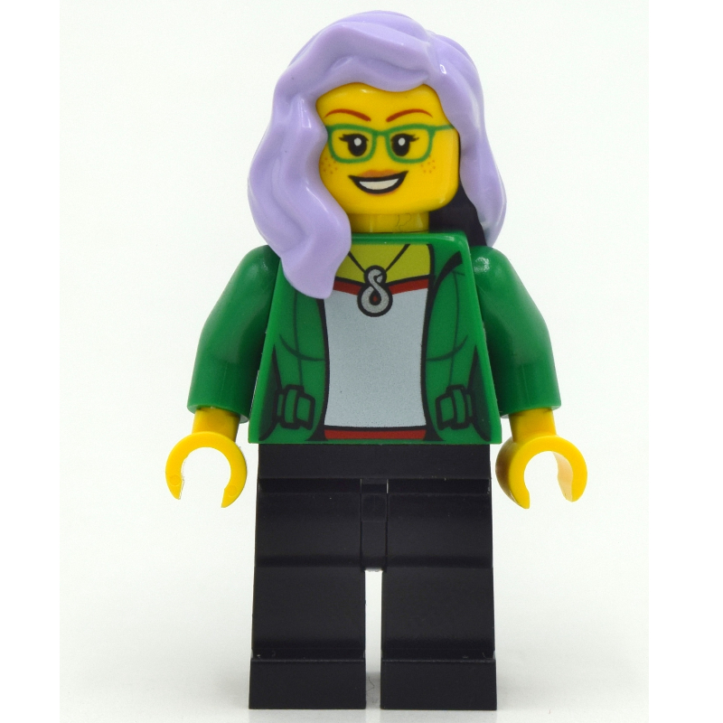 LEGO Woman, Open Green Jacket, Black Legs, Lavender Hair (fig-011868)