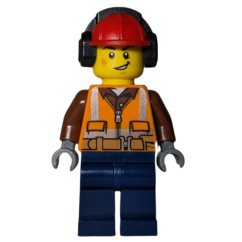 LEGO Worker - Orange Safety Vest, Dark Blue Legs, Red Helmet (fig-011872)