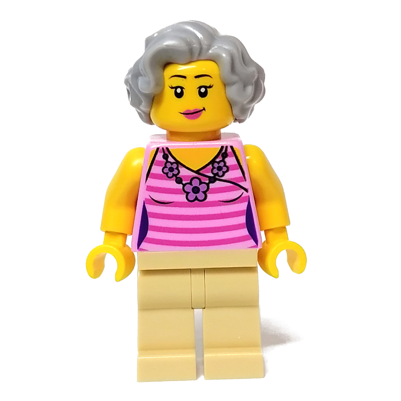 LEGO Woman, Bright Pink Torso, Tan Legs, Light Bluish Grey Hair (fig-011913)