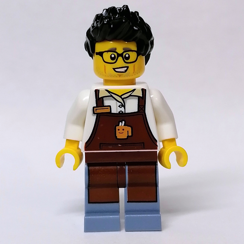 LEGO Barista, Reddish Brown Apron, Sand Blue Legs, Black Hair (fig-011914)