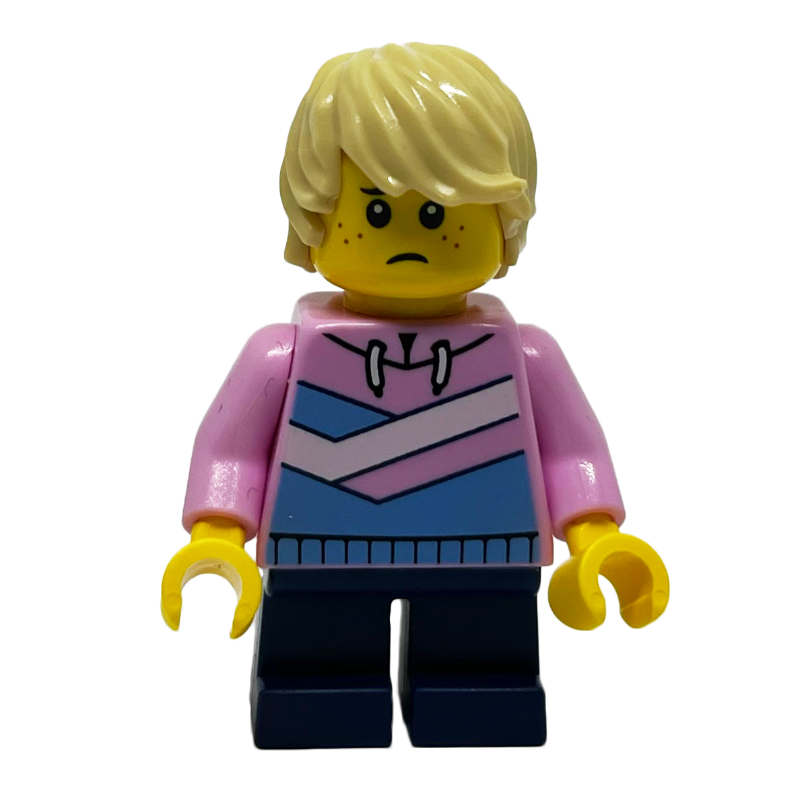 LEGO Boy, Bright Pink Jacket, Dark Blue Short Legs, Tan Hair (fig-011996)