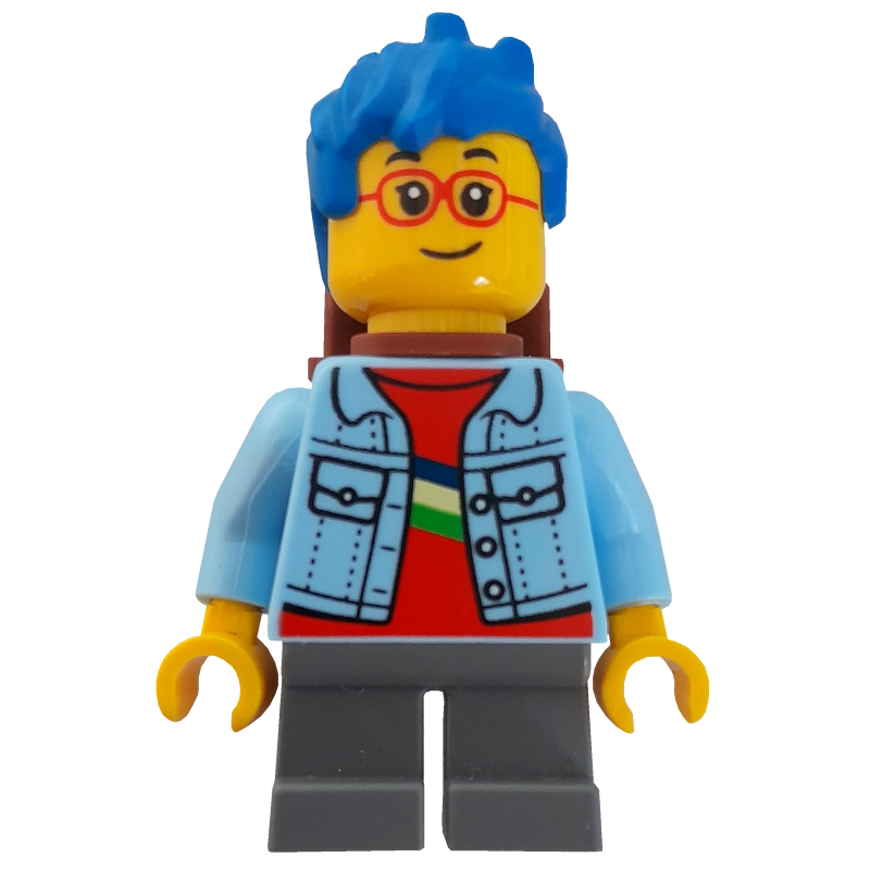 LEGO Boy, Bright Light Blue Jacket, Blue Hair, Reddish Brown Backpack (fig-012007)