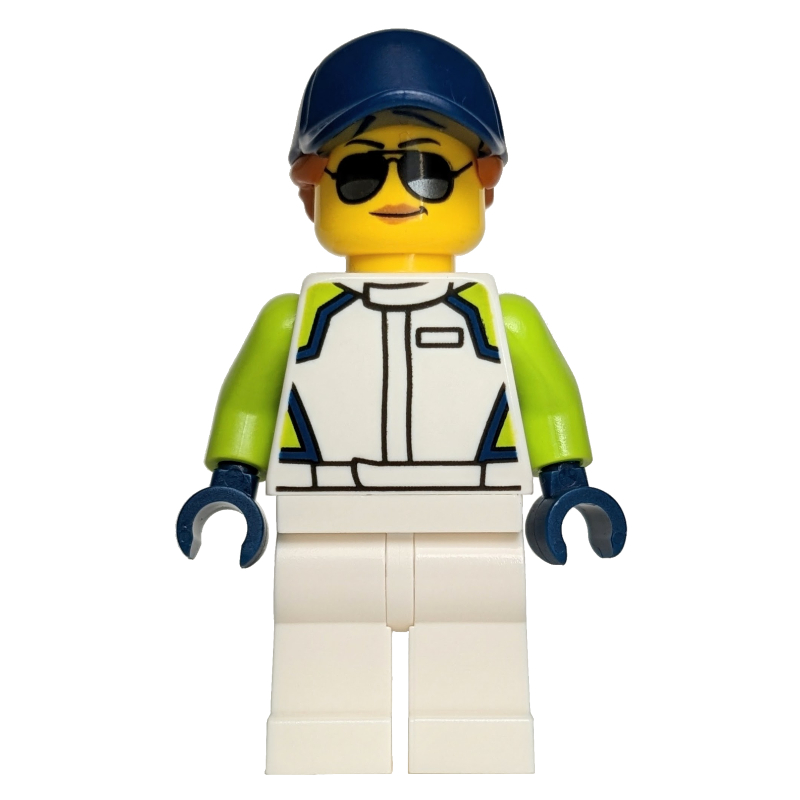 LEGO Racer, White Race Suit, Dark Blue Cap, Sunglasses (fig-012016)