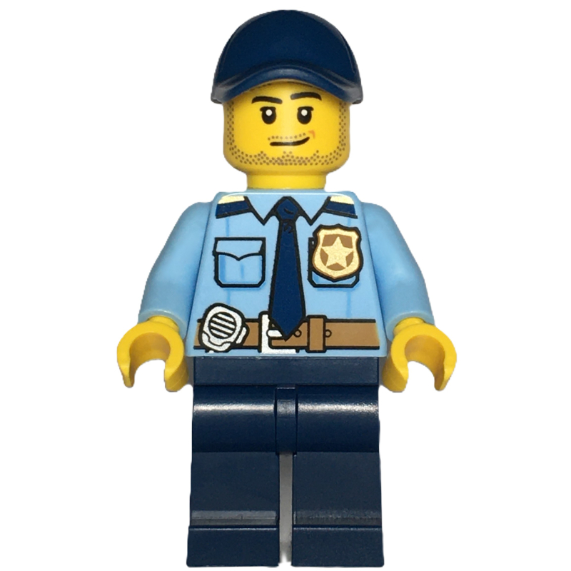 LEGO Policeman, Bright Light BLue Shirt, Dark Blue Legs and Cap, Stubble (fig-012025)