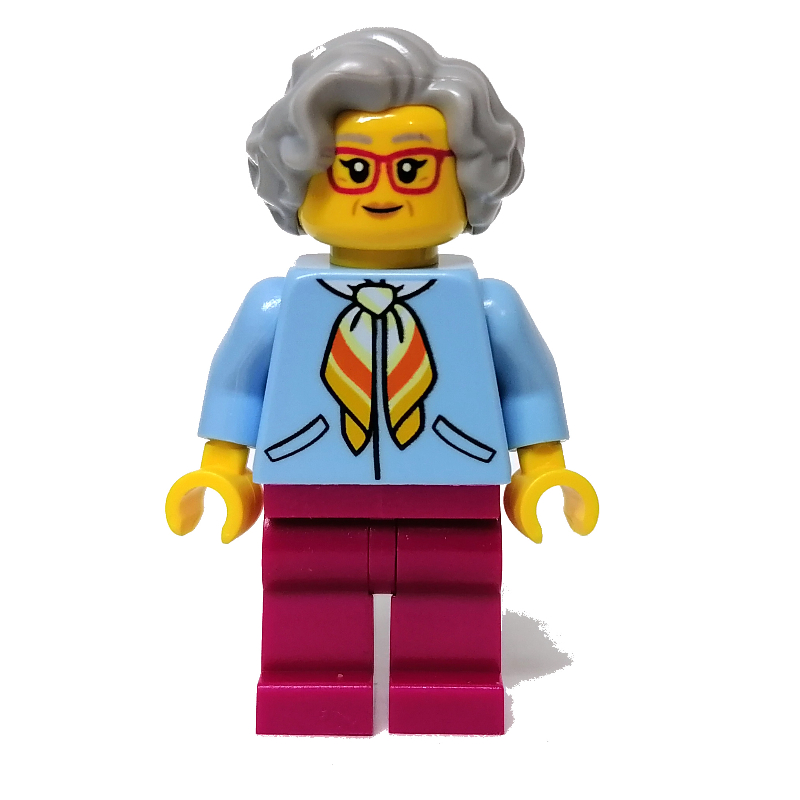 LEGO Woman, Bright Light Blue Jacket, Magenta Legs, Light Bluish Gray Hair, Red Glasses (fig-012038)