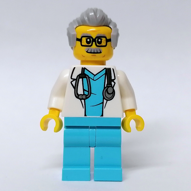 LEGO Doctor, White Coat, Medium Azure Scrubs, Light Bluish Gray Hair, Glasses (fig-012048)