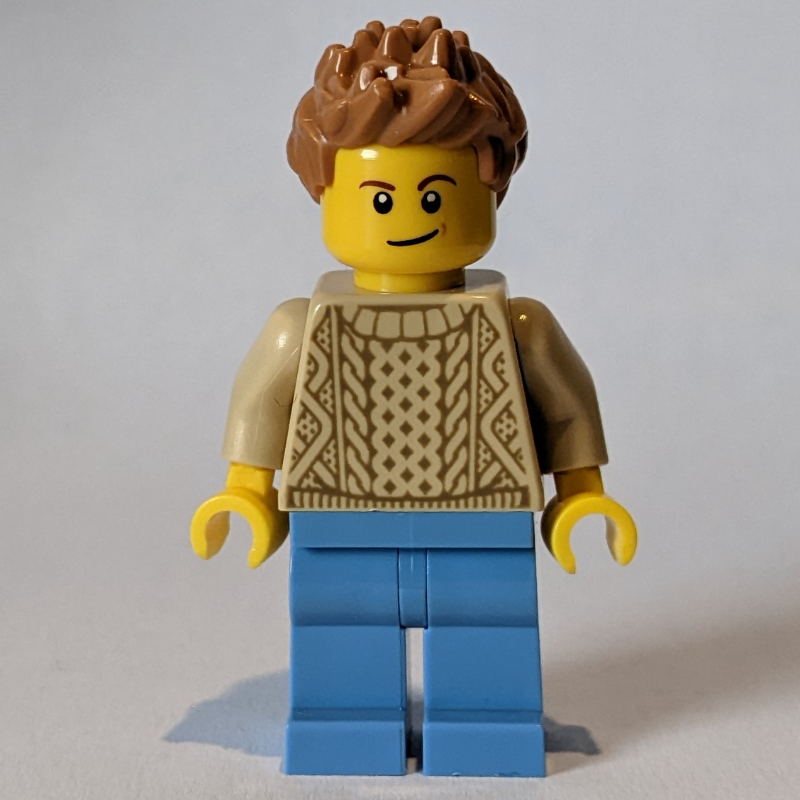 LEGO Man, Tan Sweater, Medium Blue, Medium Nougat Hair (fig-012050)