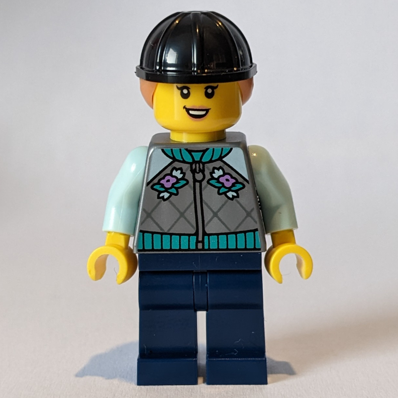 LEGO Woman, Light Bluish Gray Riding Jacket, Black Helmet with Ponytail (fig-012051)