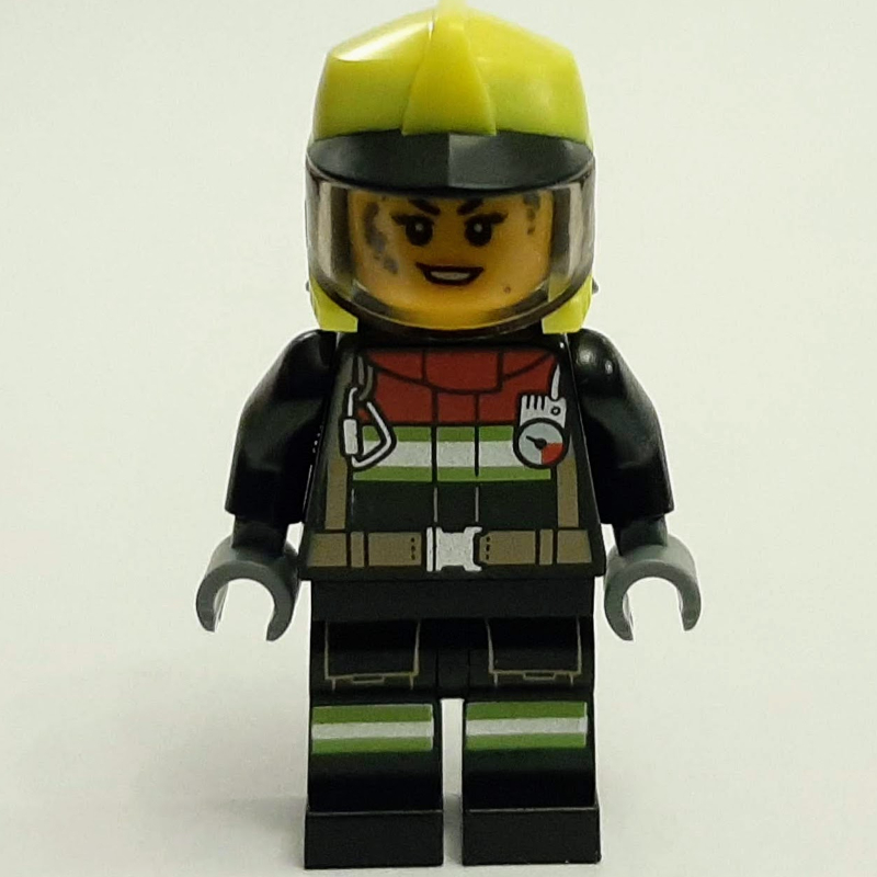 LEGO Firefighter, Black Fire Suit, Vibrant Yellow Helmet, Dirty Face (fig-012157)