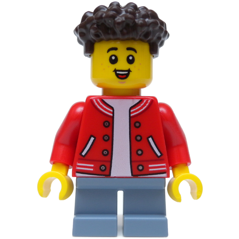 LEGO Boy, Red Jacket, Short Sand Blue Legs, Dark Brown Hair (fig-012163)