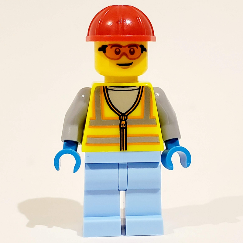 LEGO Man, Vibrant Yellow Safety Vest, Bright Light Blue Legs, Red Hard Hat (fig-012166)