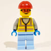 Man, Vibrant Yellow Safety Vest, Bright Light Blue Legs, Red Hard Hat