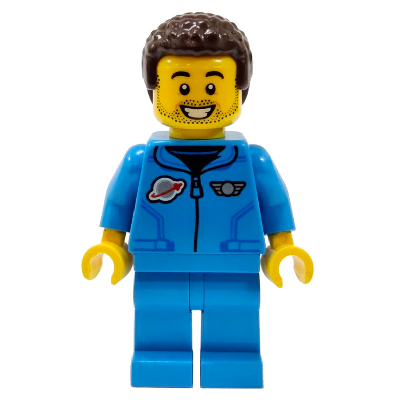 LEGO Man, Dark Azure Tracksuit with Classic Space Logo, Dark Brown Hair, Stubble (fig-012176)
