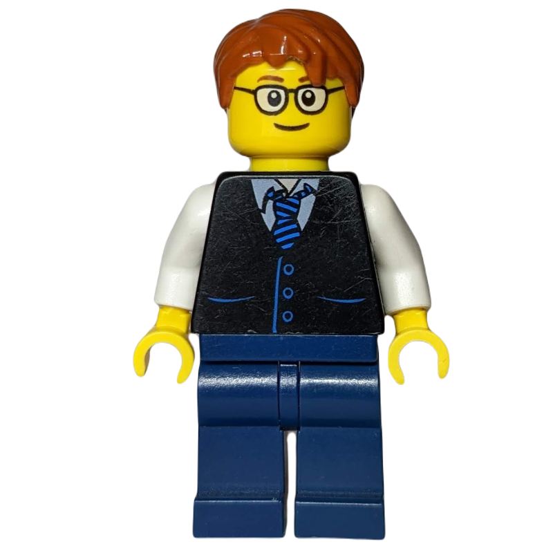 LEGO Black Torso, Dark Blue Legs, Dark Orange Hair - Rounded Glasses (fig-012219)