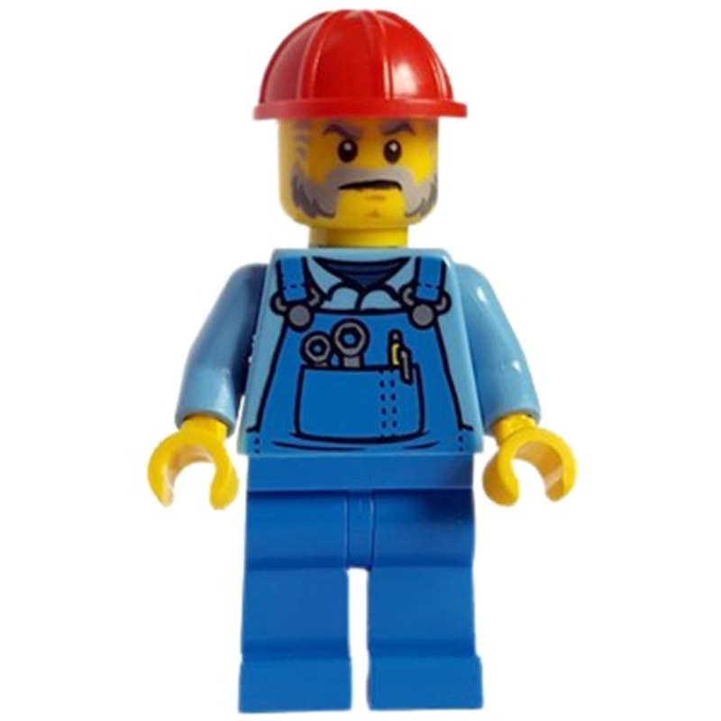 LEGO Construction Worker - Bright Light Blue Shirt, Blue Overall, Red Helmet (Pete Precise) (fig-012293)
