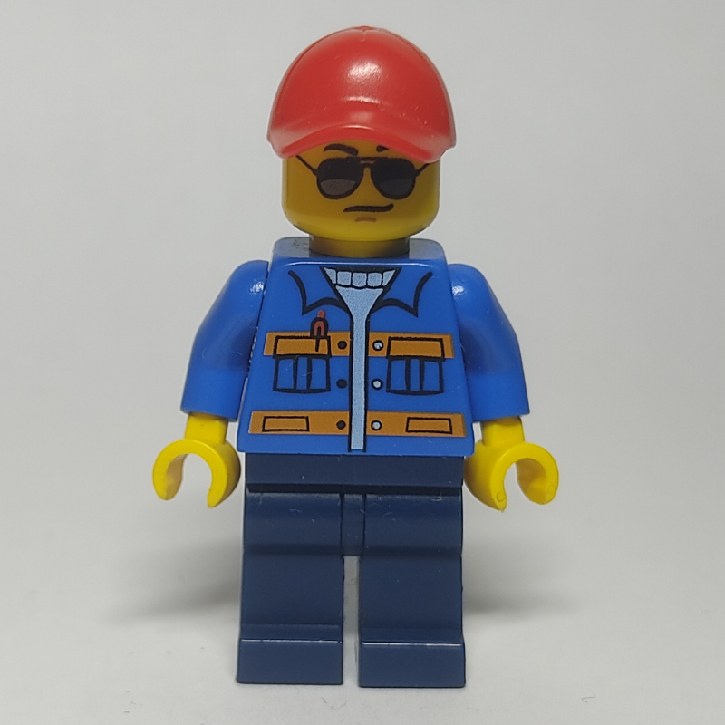 LEGO Man, Blue Jacket with Orange Stripes, Dark Blue Legs, Red Cap, Sunglasses - No Backprint (fig-012304)