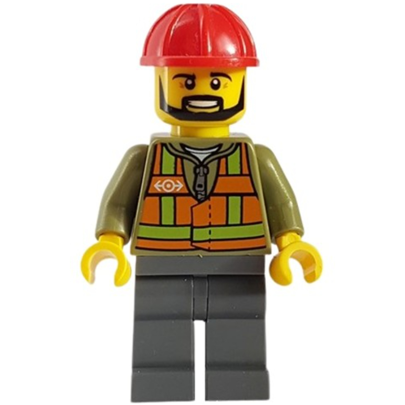 LEGO Train Worker, Orange Safety Vest with Train Logo over Olive Green Hoodie, Dark Bluish Gray Legs, Red Hard Hat, Black Beard (fig-012305)