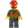 Train Worker, Orange Safety Vest with Train Logo over Olive Green Hoodie, Dark Bluish Gray Legs, Red Hard Hat, Black Beard