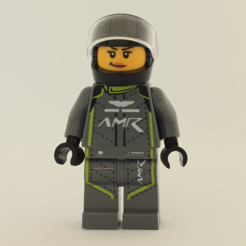 LEGO Race Driver, Dark Bluish Gray Racing Suit with Lime Trim, Black Helmet (fig-012340)