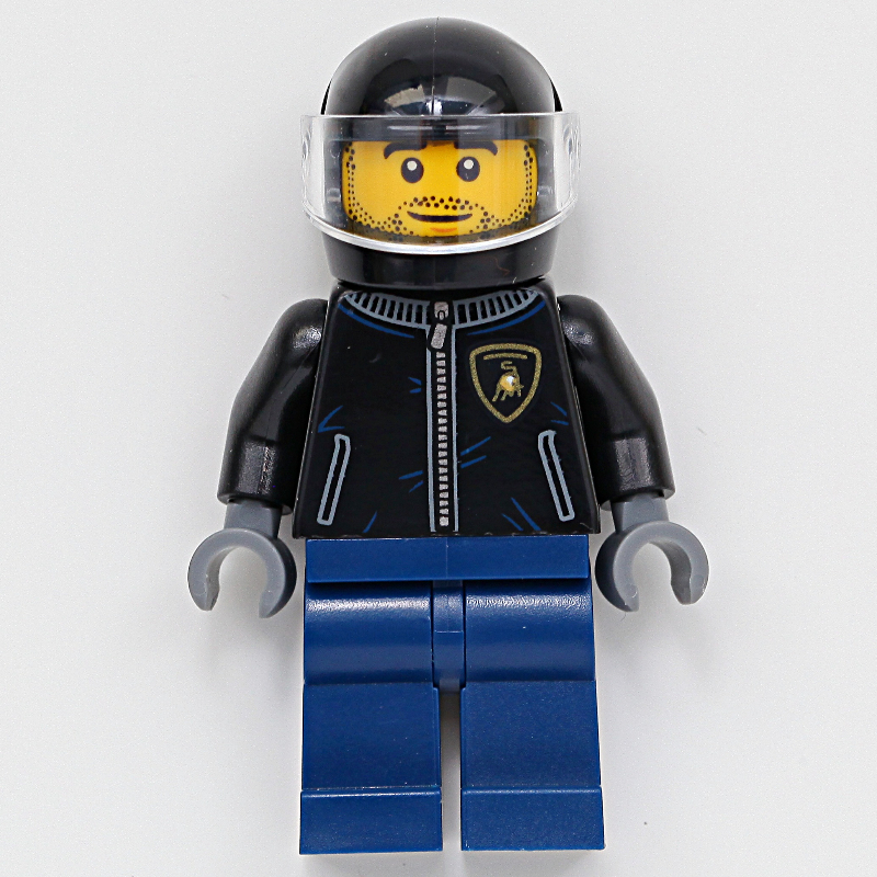 LEGO Race Driver, Black Racing Jacket, Dark Blue Legs, Black Helmet, Stubble (fig-012343)