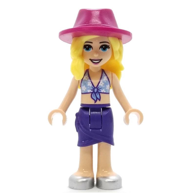 LEGO Stephanie - Bright Light Blue Bikini Top with White Flowers, Dark Purple Skirt, Magenta Hat (fig-012352)
