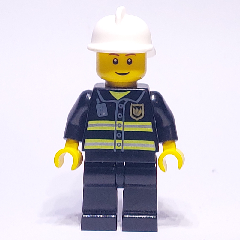 LEGO Fireman, Black Fire Jacket with Radio and Badge, White Helmet, Reddish Brown Eyebrows (3626c Head) (fig-012378)