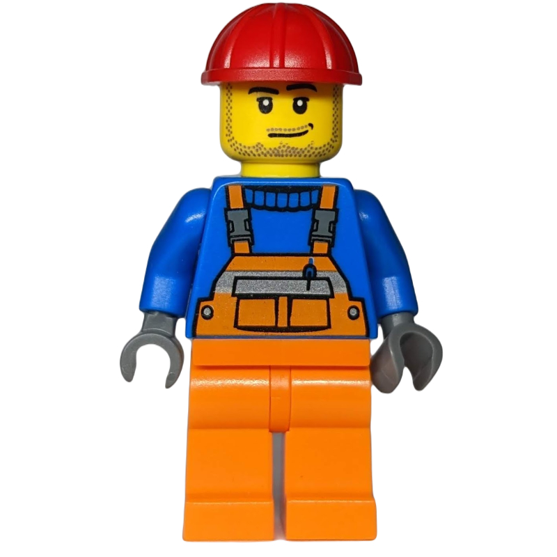 LEGO Worker, Orange Overalls over Blue Sweater, Red Hard Hat (3626c Head) (fig-012383)