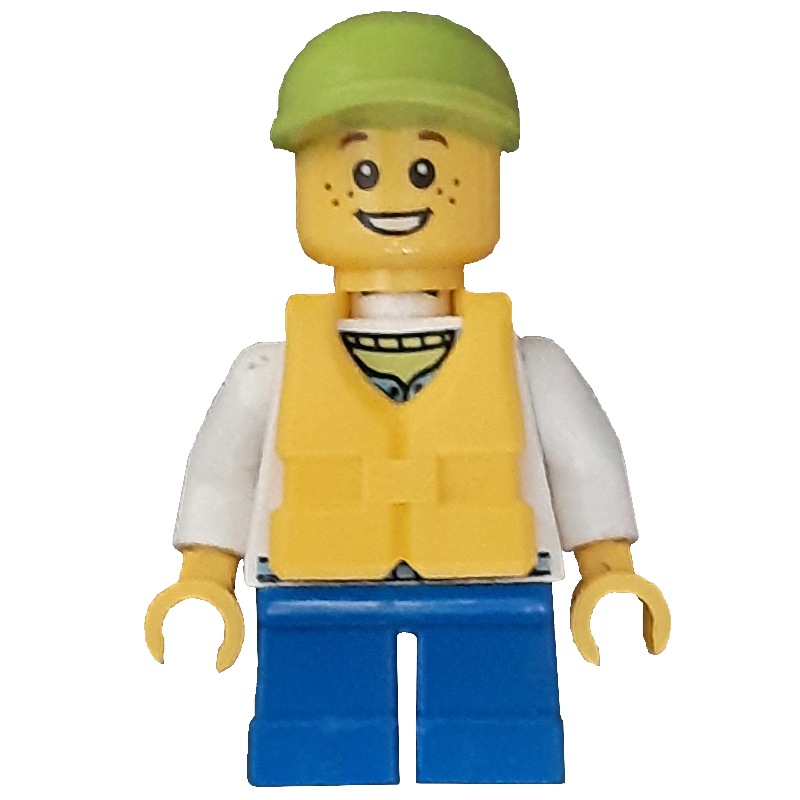 LEGO Kid - White Torso, Blue Legs, Lime Cap, Yellow Life Vest (fig-012411)