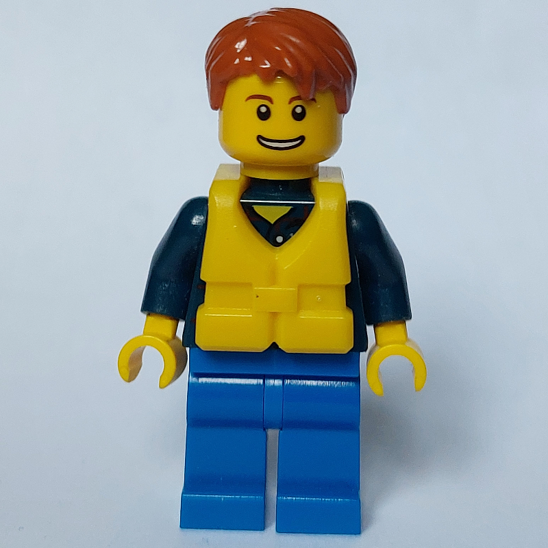 LEGO Man, Dark Blue Plaid Shirt, Blue Legs, Dark Orange Hair, Yellow Life Vest (fig-012412)