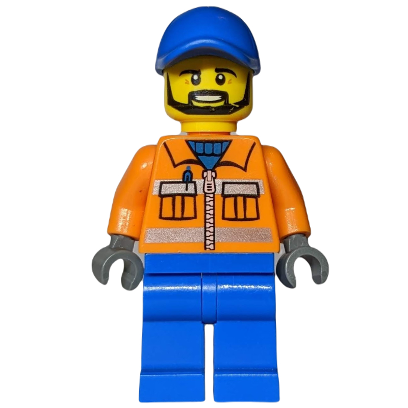 LEGO Worker - Orange Torso, Blue Legs, Blue Cap, Black Beard (fig-012589)